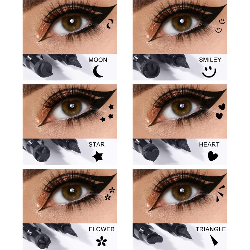 Ownest 6Pcs Eyeliner Stamp, Double-End Eyeliner Stamp Pen, Waterproof Eye Liner Tattoo Makeup-Smiley+Triangle+Heart+Star+Moon+Flower - Image 2