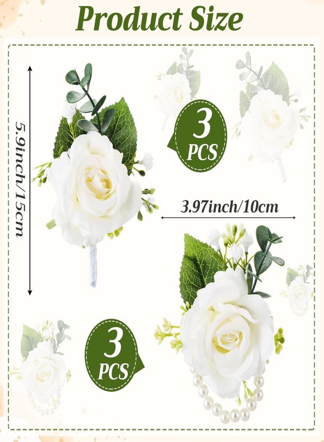 Canlierr 6 Pcs Rose Corsage and Boutonniere Set for Men Women Bride Bridesmaids Rose Wrist Corsages Bracelets Artificial Boutonniere for Wedding Party Suit Flower Accessories(White) - Image 2