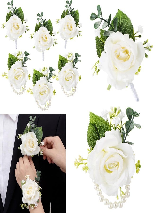 Canlierr 6 Pcs Rose Corsage and Boutonniere Set for Men Women Bride Bridesmaids Rose Wrist Corsages Bracelets Artificial Boutonniere for Wedding Party Suit Flower Accessories(White) - Image 1