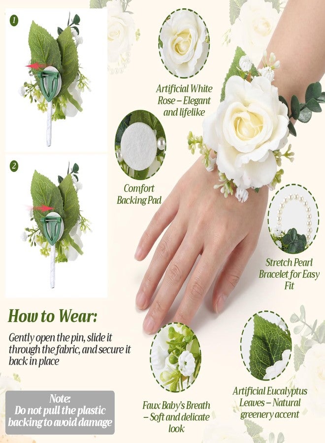 Canlierr 6 Pcs Rose Corsage and Boutonniere Set for Men Women Bride Bridesmaids Rose Wrist Corsages Bracelets Artificial Boutonniere for Wedding Party Suit Flower Accessories(White) - Image 3