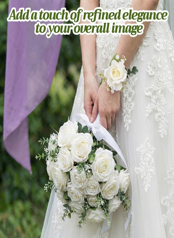 Canlierr 6 Pcs Rose Corsage and Boutonniere Set for Men Women Bride Bridesmaids Rose Wrist Corsages Bracelets Artificial Boutonniere for Wedding Party Suit Flower Accessories(White) - Image 5