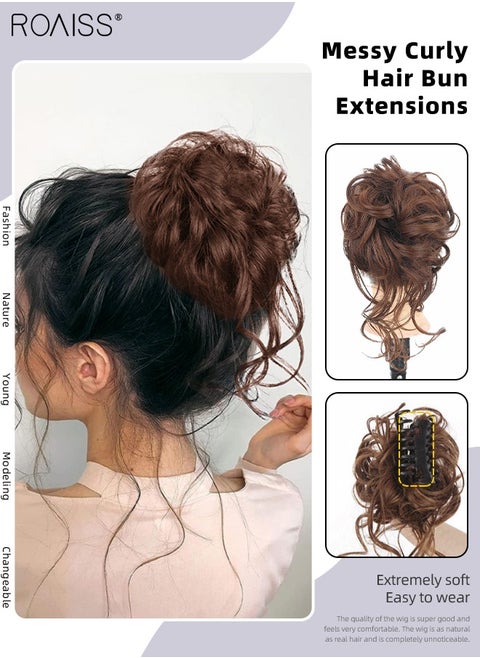 Messy Curly Hair Bun Extensions, Wavy Synthetic Chignon with High Elastic Claw, Hair Accessories Donut Roller Bun Wig for Women Updo Scrunchies, Medium Brown