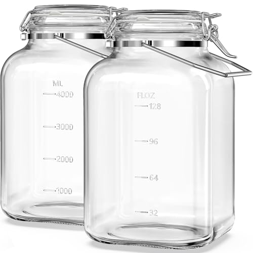 Folinstall 2 Pack 1.5 Gallon Glass Jar with Airtight Lid, 192 oz Square Wide Mouth Mason Jars with Stainless Steel Handle, Large Glass Storage Containers for Canning, Flour, Sugar, Rice, Pickled Eggs - Image 1
