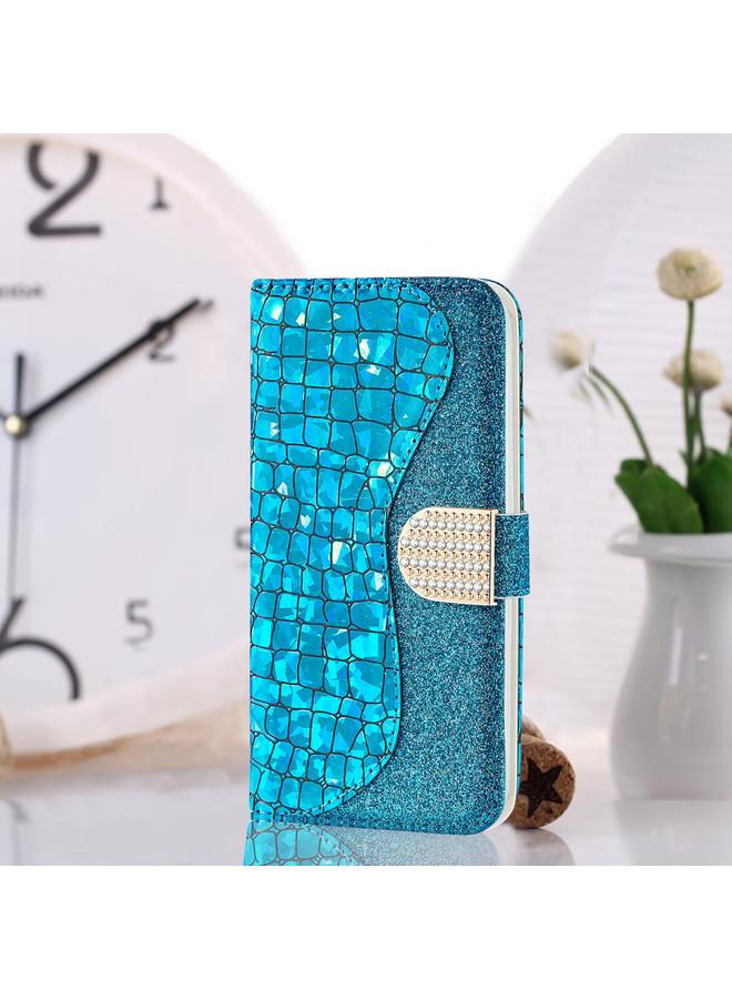 زبون جراب لهاتف iPhone 13 mini مصنوع من الجلد بتصميم مسحوق لامع ليزري متناسق مع نسيج التمساح مع فتحات للبطاقات وحامل ومحفظة - Image 1