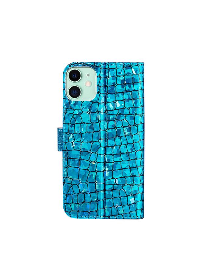 زبون جراب لهاتف iPhone 13 mini مصنوع من الجلد بتصميم مسحوق لامع ليزري متناسق مع نسيج التمساح مع فتحات للبطاقات وحامل ومحفظة - Image 3