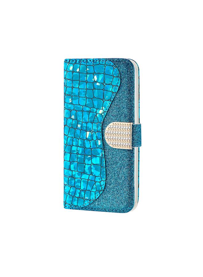 زبون جراب لهاتف iPhone 13 mini مصنوع من الجلد بتصميم مسحوق لامع ليزري متناسق مع نسيج التمساح مع فتحات للبطاقات وحامل ومحفظة - Image 2