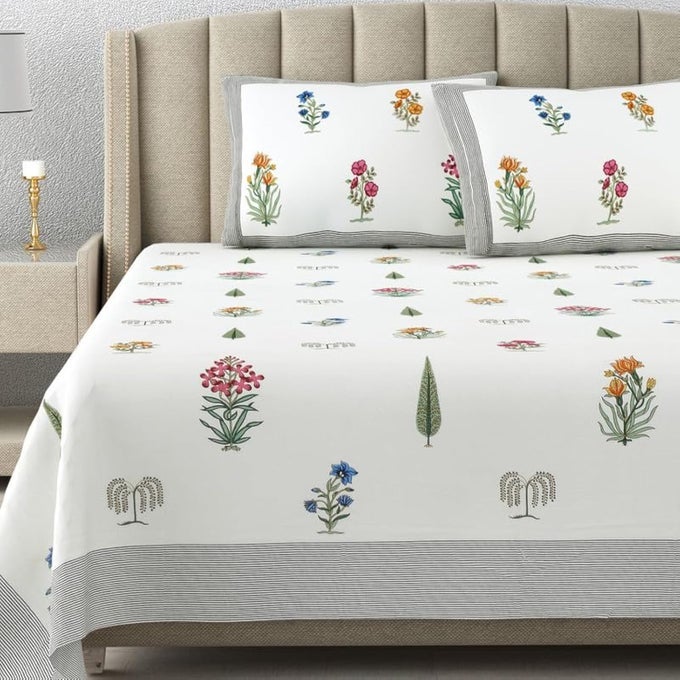 SINCE 1997 100 COTTON 300 TC PREMIUM KING SIZE BEDSHEET FOR DOUBLE BED 90 X 108 INCH WITH 2 PILLOW COVERS SET 17 X 27 INCH HAND BLOCK PRINTED BEDSHEET SET MULTI COLOUR