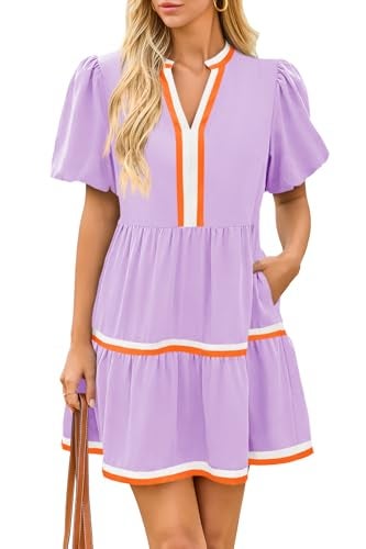 Cicy Bell Womens V Neck Floral Mini Dress Short Puff Sleeve Patchwork Summer Casual Boho Dresses - Image 1