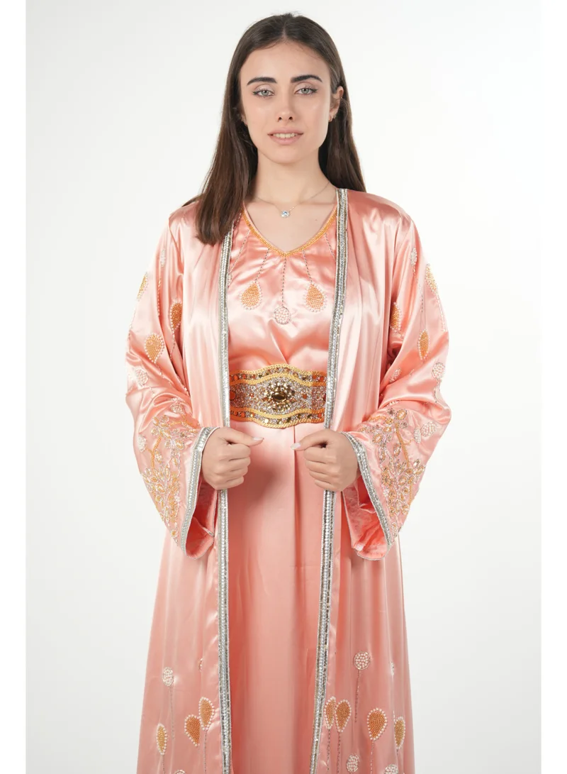 AL BENT AL SHARQIEH pink embroidered satin kaftan dress for Women | Best Price UAE