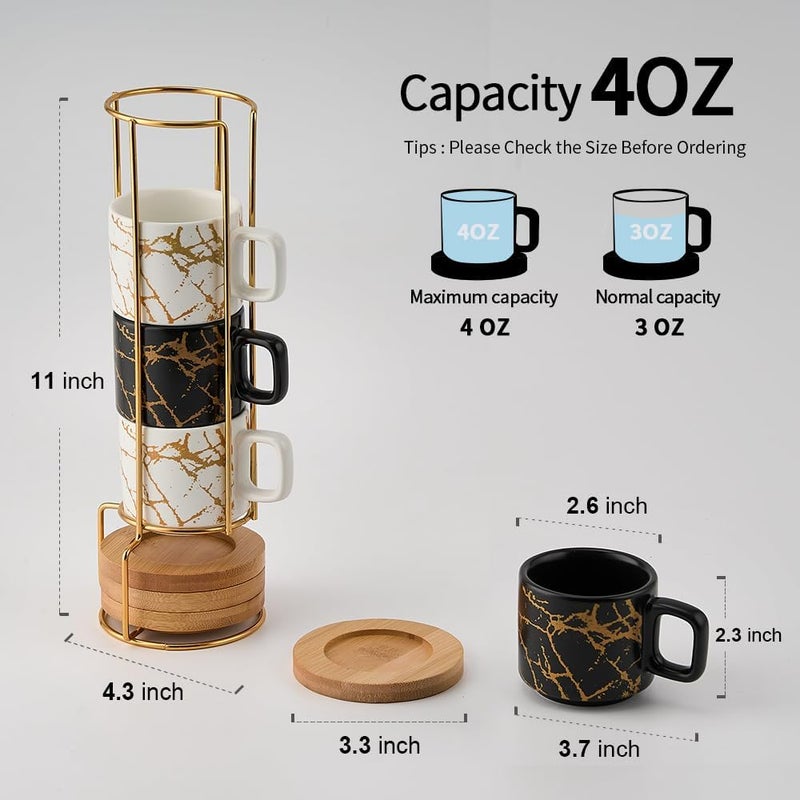 LUKA Porcelain Espresso Cup with Saucer and Metal Stand, 4 Ounce Stackable Ceramic Demitasse Espresso Mugs Cups Set for Latte, Specialty Coffee Drinks, Cafe Mocha - Set of 4, White & Black - Image 2