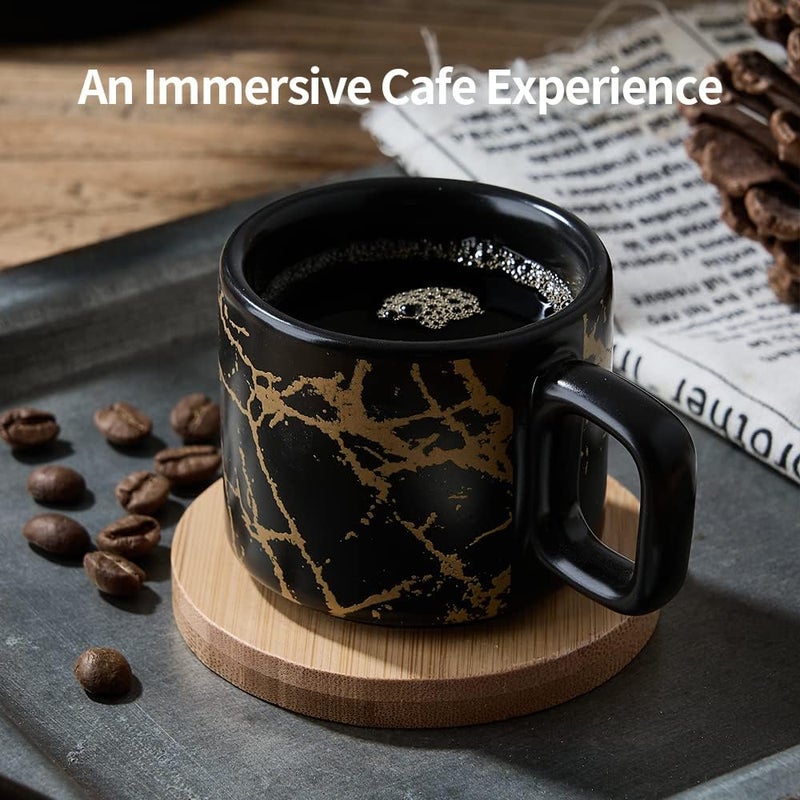 LUKA Porcelain Espresso Cup with Saucer and Metal Stand, 4 Ounce Stackable Ceramic Demitasse Espresso Mugs Cups Set for Latte, Specialty Coffee Drinks, Cafe Mocha - Set of 4, White & Black - Image 3