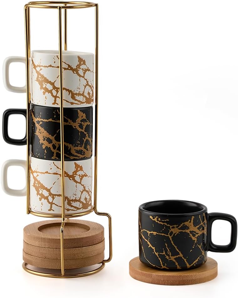 LUKA Porcelain Espresso Cup with Saucer and Metal Stand, 4 Ounce Stackable Ceramic Demitasse Espresso Mugs Cups Set for Latte, Specialty Coffee Drinks, Cafe Mocha - Set of 4, White & Black - Image 1