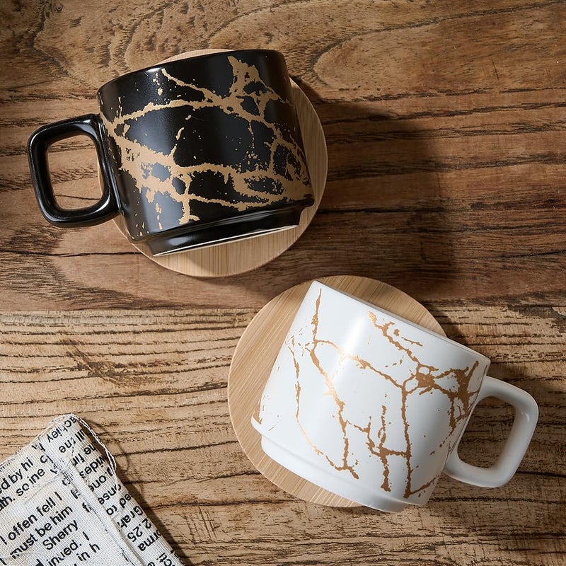 LUKA Porcelain Espresso Cup with Saucer and Metal Stand, 4 Ounce Stackable Ceramic Demitasse Espresso Mugs Cups Set for Latte, Specialty Coffee Drinks, Cafe Mocha - Set of 4, White & Black - Image 5