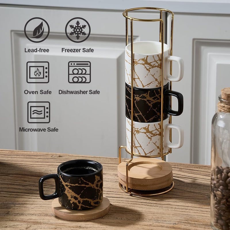 LUKA Porcelain Espresso Cup with Saucer and Metal Stand, 4 Ounce Stackable Ceramic Demitasse Espresso Mugs Cups Set for Latte, Specialty Coffee Drinks, Cafe Mocha - Set of 4, White & Black - Image 4