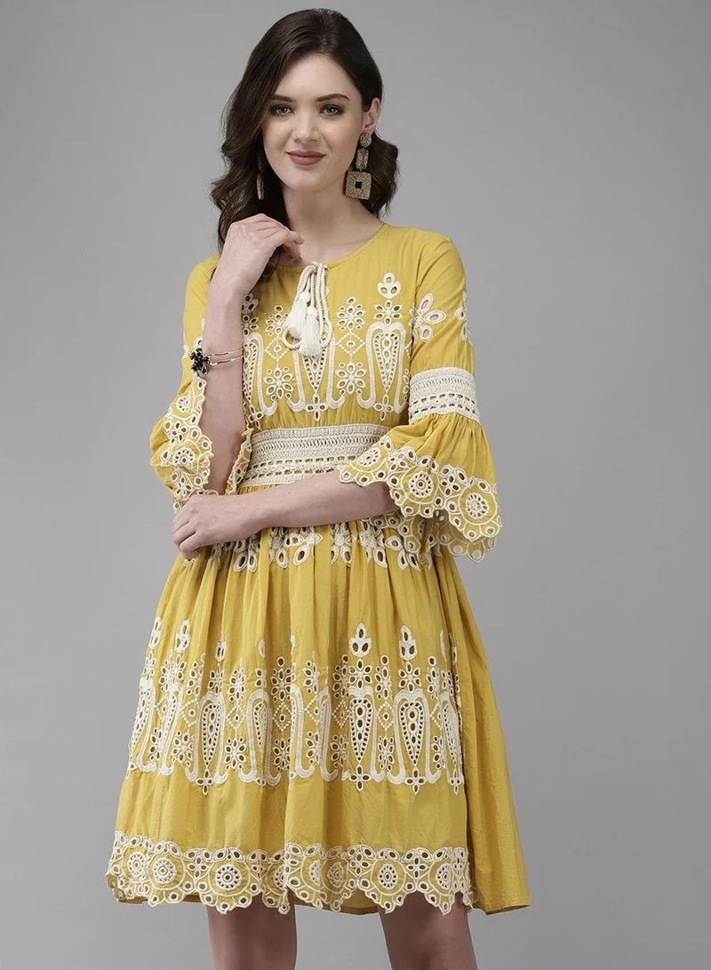 Women's Mustard 100% Cotton Embroidered Midi Smock Straight Fit Dress