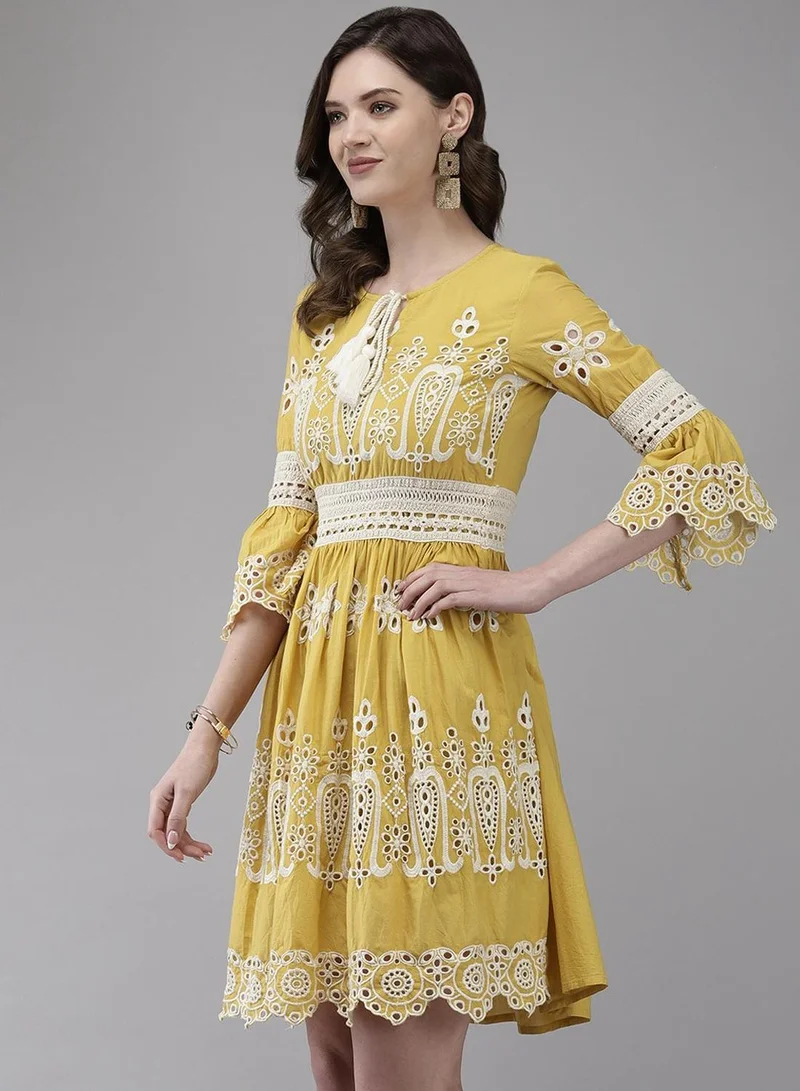 ISHIN  Women's Mustard 100% Cotton Embroidered Midi Smock Straight Fit Dress for Women | Best Price UAE