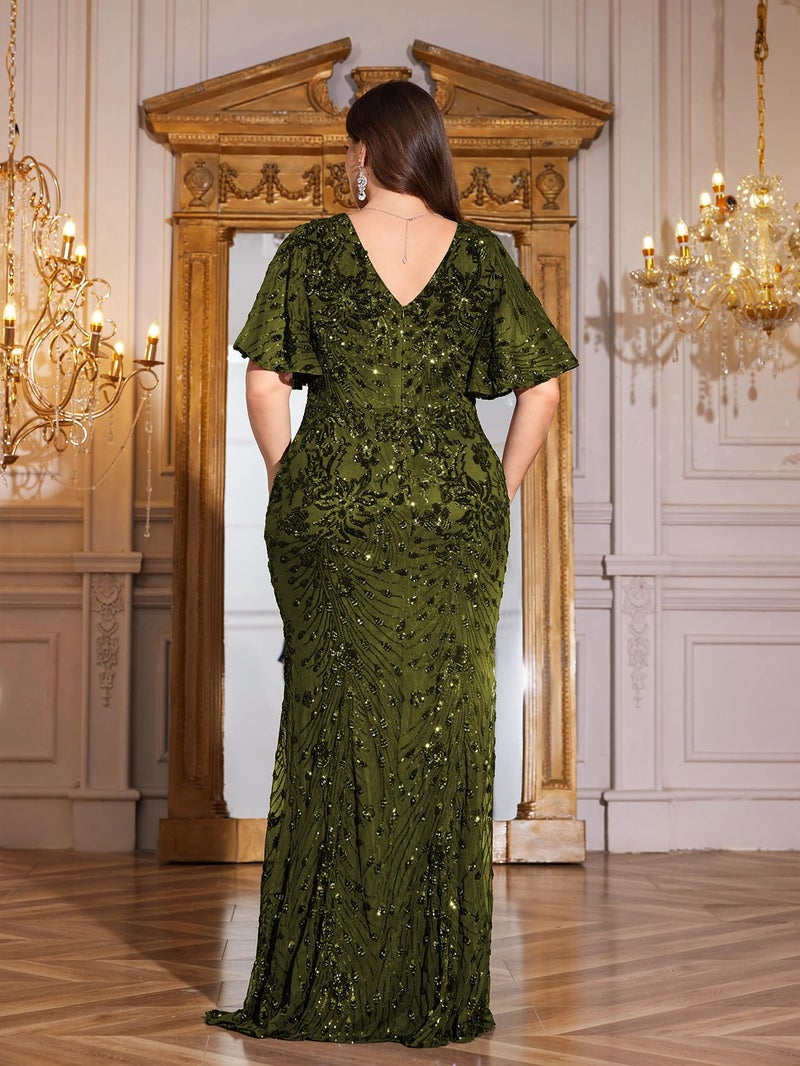 XUIBOL Plus Size Womens Formal Evening Gowns Short Sleeves Glitter Evening Dress Mermaid Wedding Guest Dresses Olive Green 0XL - Image 2
