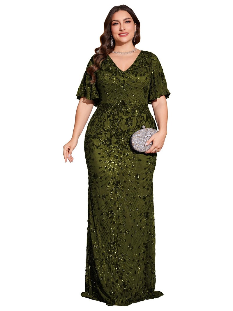 XUIBOL Plus Size Womens Formal Evening Gowns Short Sleeves Glitter Evening Dress Mermaid Wedding Guest Dresses Olive Green 0XL - Image 1
