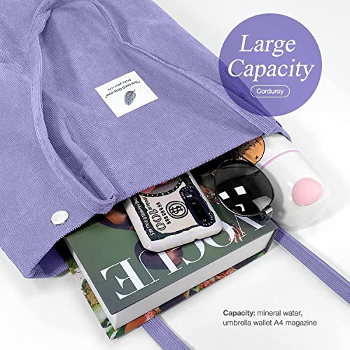 Kawn Women Corduroy Canvas Tote Bag Shoulder Cord Purse Reusable Shopping Bag Grocery Bag Large Capacity Washable Handbag Girls Shoulder Bag With Inner Pocket For Daily Use (Purple) - Image 2