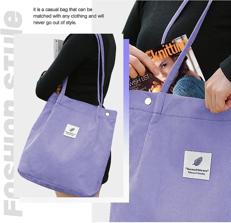 Kawn Women Corduroy Canvas Tote Bag Shoulder Cord Purse Reusable Shopping Bag Grocery Bag Large Capacity Washable Handbag Girls Shoulder Bag With Inner Pocket For Daily Use (Purple) - Image 4