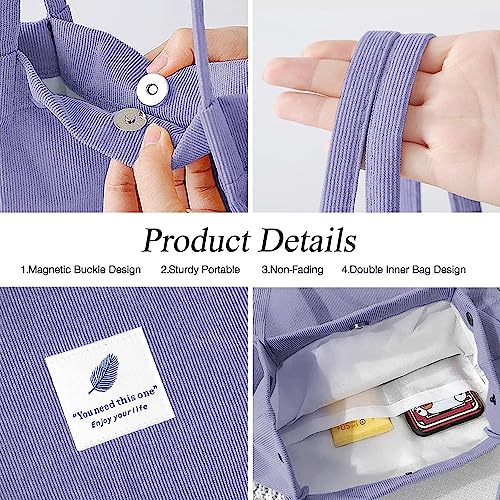 Kawn Women Corduroy Canvas Tote Bag Shoulder Cord Purse Reusable Shopping Bag Grocery Bag Large Capacity Washable Handbag Girls Shoulder Bag With Inner Pocket For Daily Use (Purple) - Image 3