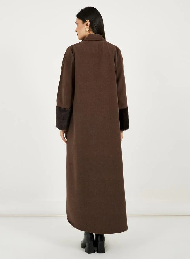 Styli Brushed Winter Abaya with Faux Fur Trim Sleeve