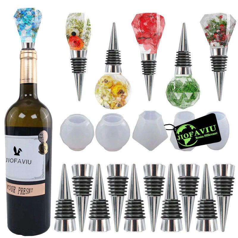 JIOFAVIU 15 Pcs Resin Wine Bottle Stopper Molds Set Wine Stopper Silicone Molds for Epoxy Resin 5 Molds and 10 Stoppers