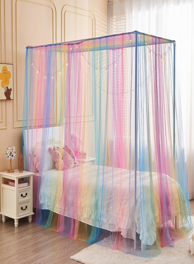 JQWUPUP Rainbow Bed Canopy for Girls Kids, 4 Corner Post Princess Twin Canopy Bed Curtains with DIY Star Stickers for Bedroom Decor - Image 2