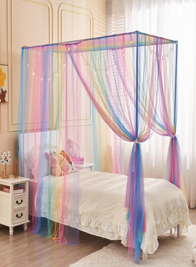 JQWUPUP Rainbow Bed Canopy for Girls Kids, 4 Corner Post Princess Twin Canopy Bed Curtains with DIY Star Stickers for Bedroom Decor - Image 1