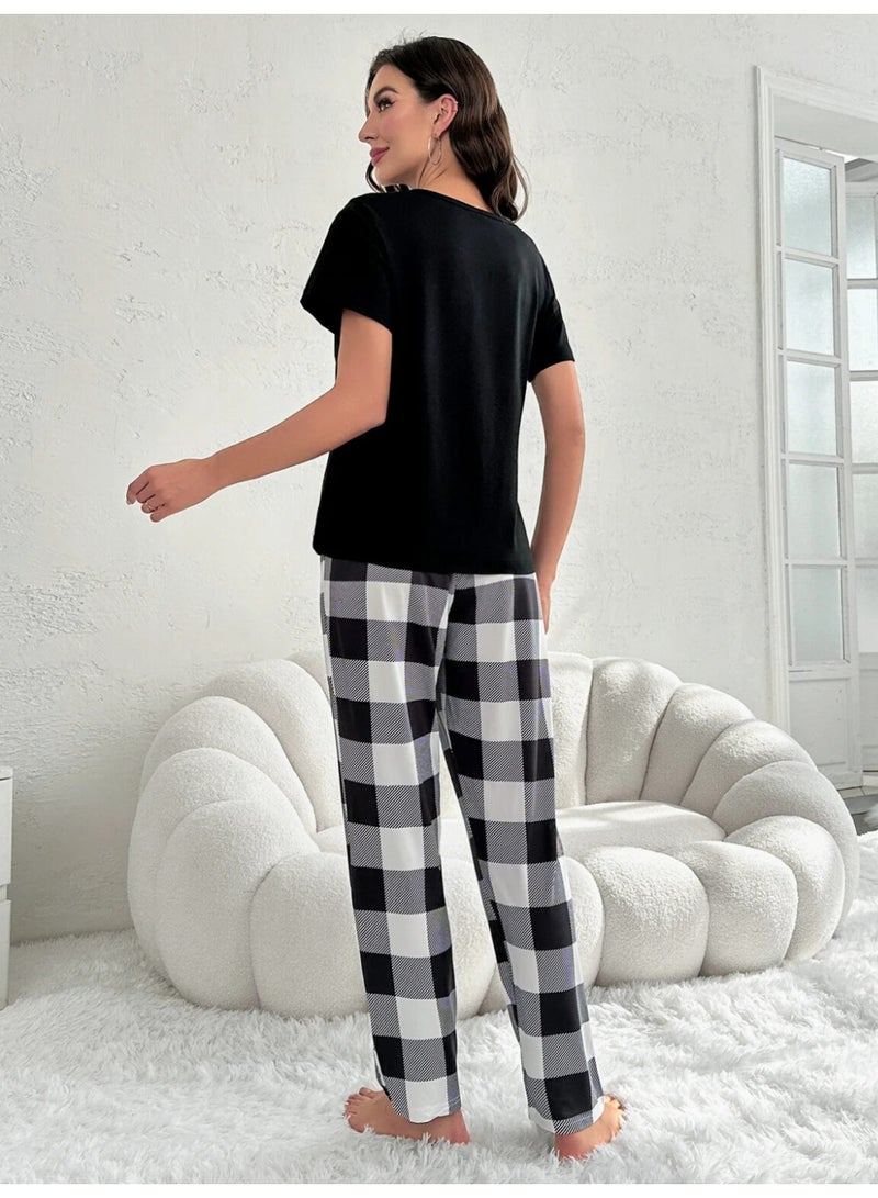 ovitio Women's pajama set with a black and white checkered design - Image 2