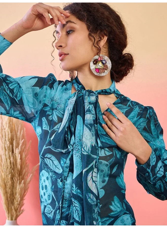 أيه كيه إس Floral Printed Tie-Up Neck Cuffed Sleeves Shirt Style Top