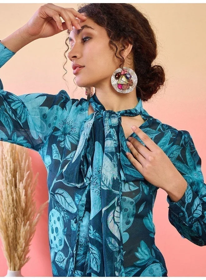 AKS Floral Printed Tie-Up Neck Cuffed Sleeves Shirt Style Top