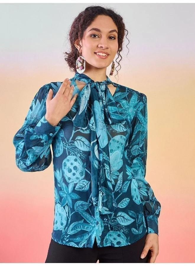 AKS Floral Printed Tie-Up Neck Cuffed Sleeves Shirt Style Top