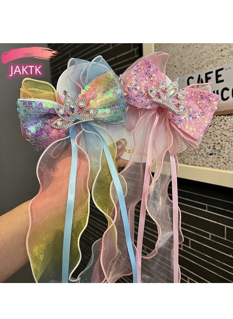 JAKTK 2-pack children's hairpins princess hair accessories mesh big bow ribbon hairpin crown girl top clip headdress - Image 1