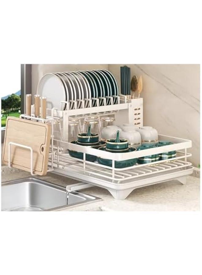 MIXDE Dish Drying Rack Large Capacity 2 Tier Dish Drying Rack Multifunctional Rustproof Dish Drainers for Kitchen Counter with Drainboard Leak-Proof Spout,Large Utensil Holder, Cup Holder, White - Image 1