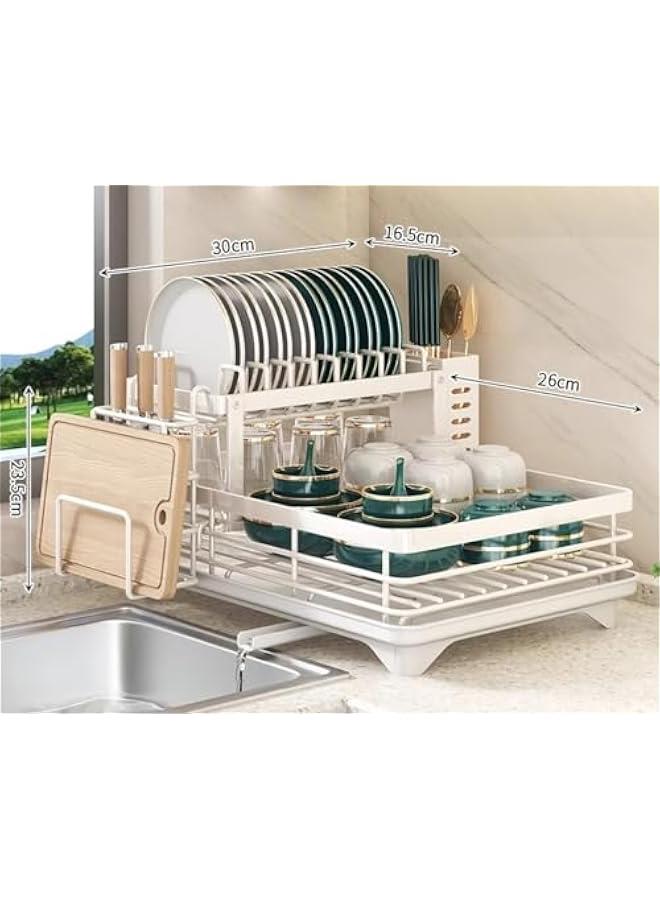 MIXDE Dish Drying Rack Large Capacity 2 Tier Dish Drying Rack Multifunctional Rustproof Dish Drainers for Kitchen Counter with Drainboard Leak-Proof Spout,Large Utensil Holder, Cup Holder, White - Image 2