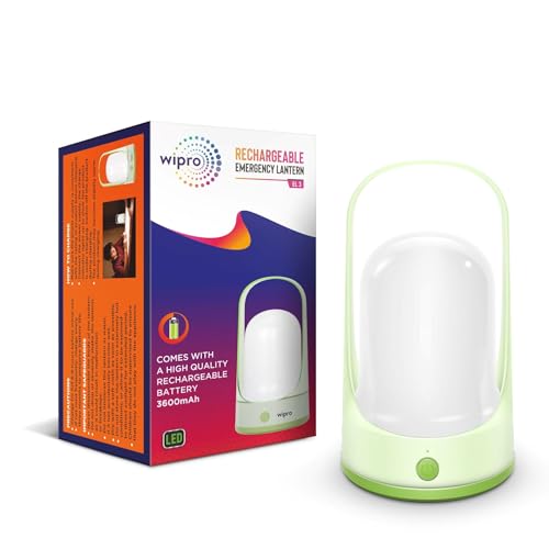 wipro EL3 Rechargable Emergency Lantern with 3 Step Dimming | 360 Degree Light | Pack of 1 | 3600 Mah Battery | Upto 8 Hours Back Up | Type-C | High Quality Diffuser | Transparent Top Holder, White - Image 1