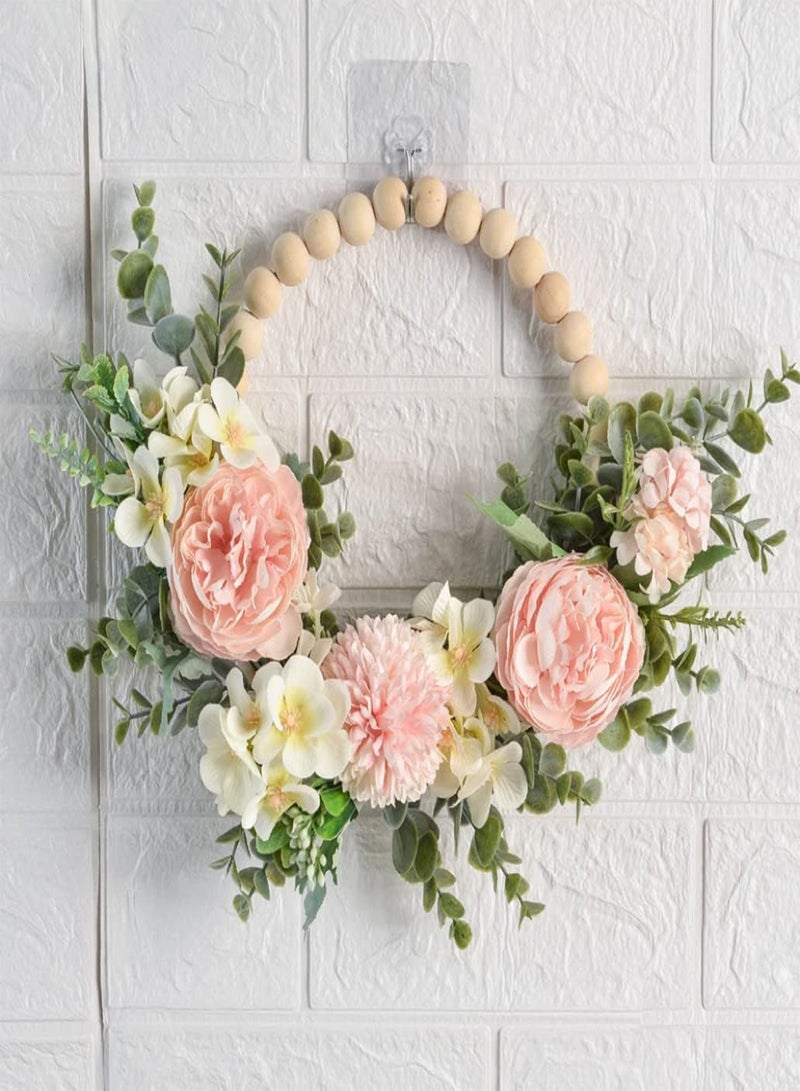 GGOOT Spring Door Wreath,Spring Wreath,Eucalyptus Wreath,Wood Bead Floral Wreath Artificial Flower with Eucalyptus Leaves Hanging Hoop Wreath for Wedding Decorations.  - Image 3