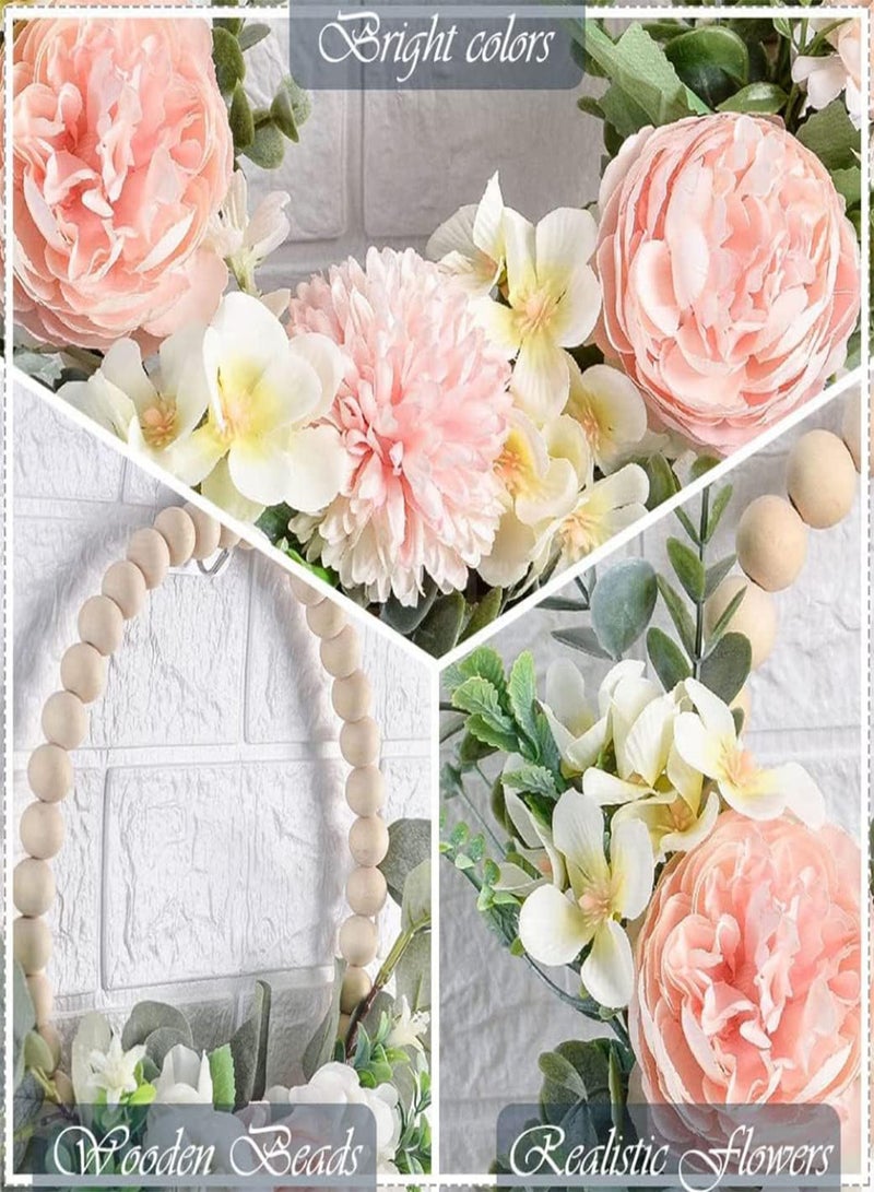 GGOOT Spring Door Wreath,Spring Wreath,Eucalyptus Wreath,Wood Bead Floral Wreath Artificial Flower with Eucalyptus Leaves Hanging Hoop Wreath for Wedding Decorations.  - Image 4