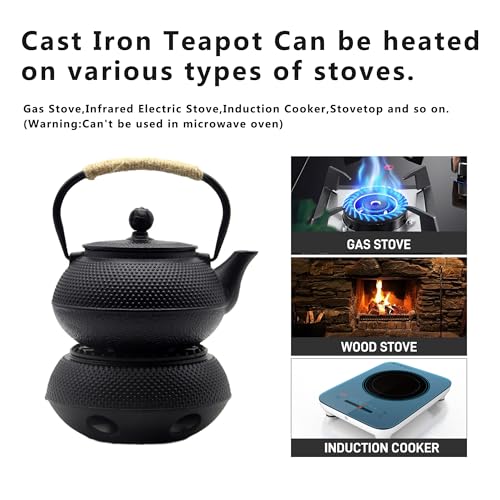 YJX 20.3oz Small Cast Iron Teapot Set with Warmer, Japanese Black Tea Kettle for Stovetop Safe, Teapot and Cups Set, Tea Pot with Stainless Steel Infuser for Loose Tea(600ml) - Image 4