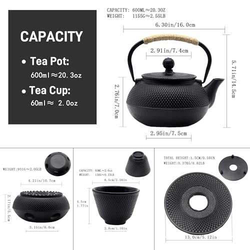 YJX 20.3oz Small Cast Iron Teapot Set with Warmer, Japanese Black Tea Kettle for Stovetop Safe, Teapot and Cups Set, Tea Pot with Stainless Steel Infuser for Loose Tea(600ml) - Image 5