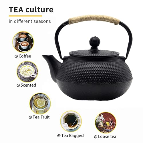 YJX 20.3oz Small Cast Iron Teapot Set with Warmer, Japanese Black Tea Kettle for Stovetop Safe, Teapot and Cups Set, Tea Pot with Stainless Steel Infuser for Loose Tea(600ml) - Image 2