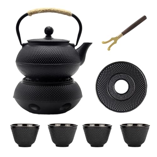 YJX 20.3oz Small Cast Iron Teapot Set with Warmer, Japanese Black Tea Kettle for Stovetop Safe, Teapot and Cups Set, Tea Pot with Stainless Steel Infuser for Loose Tea(600ml) - Image 1