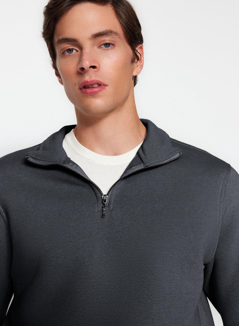trendyol Anthracite Regular/Normal Cut Stand Collar Zippered Warm Basic Sweatshirt - Image 3