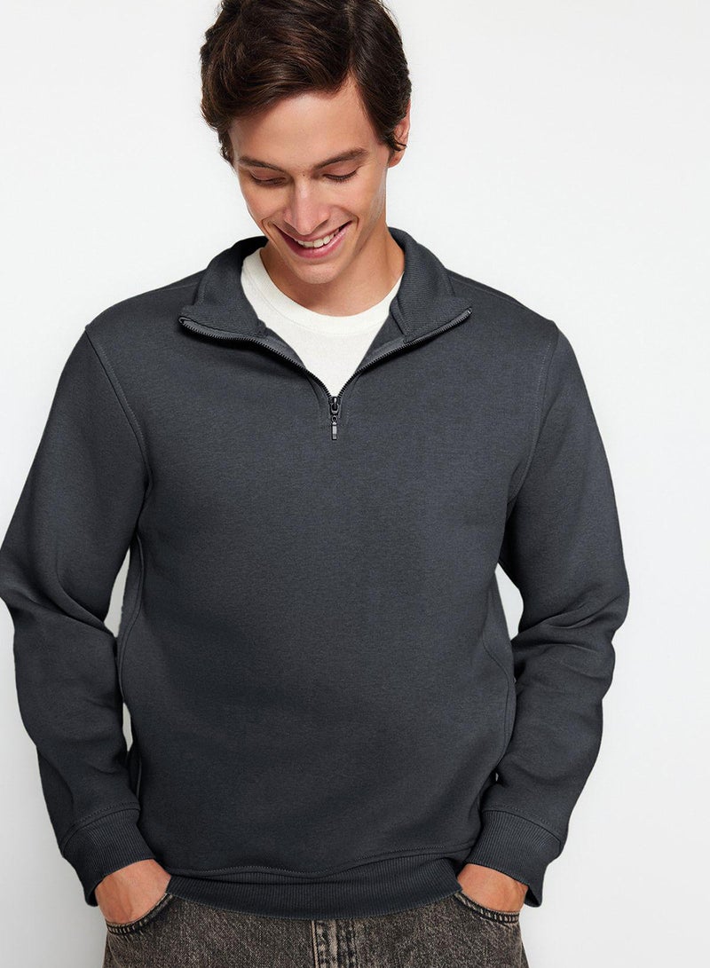 trendyol Anthracite Regular/Normal Cut Stand Collar Zippered Warm Basic Sweatshirt - Image 2