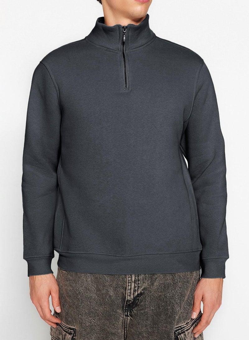trendyol Anthracite Regular/Normal Cut Stand Collar Zippered Warm Basic Sweatshirt - Image 4