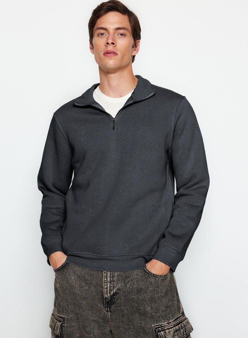 trendyol Anthracite Regular/Normal Cut Stand Collar Zippered Warm Basic Sweatshirt - Image 1