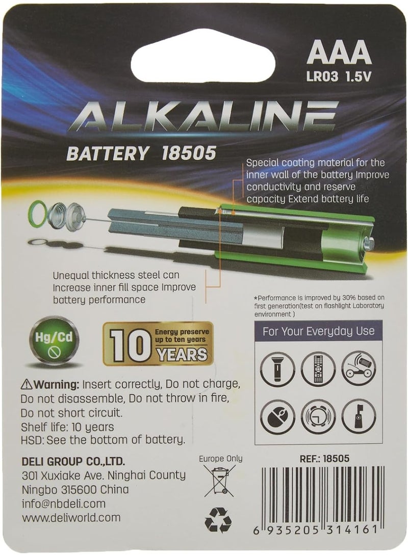 Deli Alkaline Batteries – LR03 1.5V ,4-Pack, Long-Lasting Power for Toys, Remotes & High-Drain Devices, Leak-Proof Design – Model 18505 - Image 2