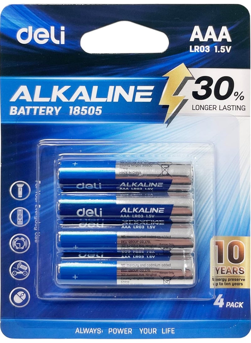 Deli Alkaline Batteries – LR03 1.5V ,4-Pack, Long-Lasting Power for Toys, Remotes & High-Drain Devices, Leak-Proof Design – Model 18505 - Image 4