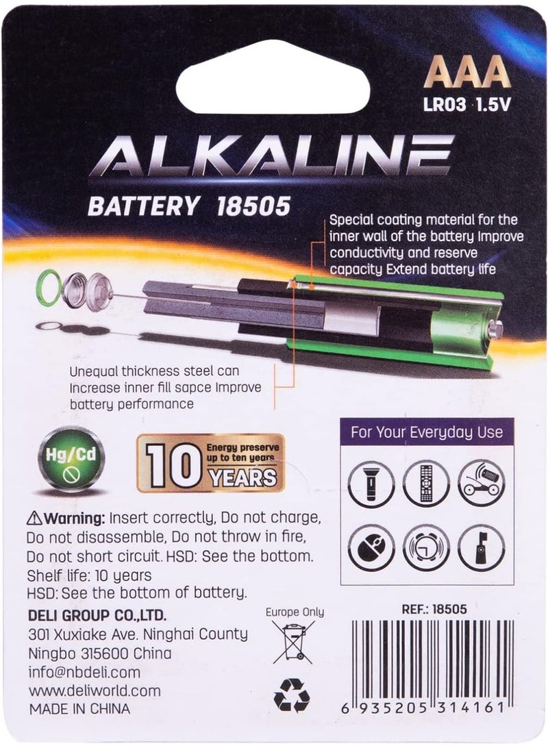 Deli Alkaline Batteries – LR03 1.5V ,4-Pack, Long-Lasting Power for Toys, Remotes & High-Drain Devices, Leak-Proof Design – Model 18505 - Image 3
